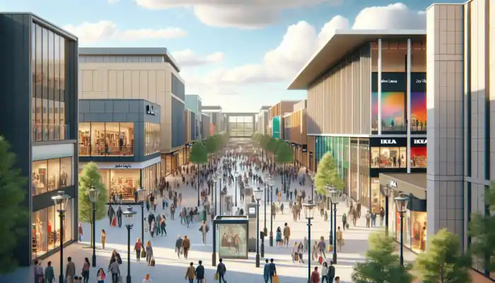 Bustling Milton Keynes shopping district with John Lewis, IKEA, modern architecture, diverse crowds, colorful storefronts, and sunny skies.