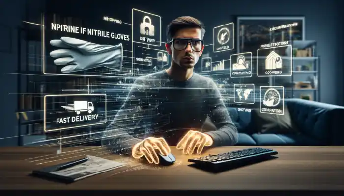 A resident of Milton Keynes browses online for nitrile gloves on a laptop, comparing prices, reviews, and fast delivery options.