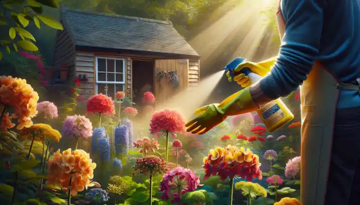 Extra Long Rubber Gloves in Worthing: A person in a sunlit British garden wears long yellow rubber gloves, spraying chemicals on vibrant flowers with green foliage and a rustic shed behind.