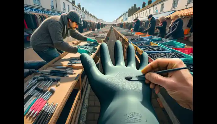 A shopper in a sunny Worthing market stall examines extra-long rubber gloves for quality, price, and fit.