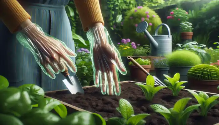 Polythene Gauntlet Gloves in Ipswich: A gardener wearing translucent polythene gauntlet gloves while handling soil in a vibrant outdoor garden with plants and tools.
