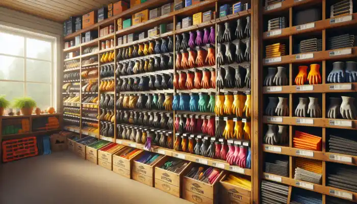 Heavy Duty Rubber Gloves in Hitchin: Vibrant display of heavy duty rubber gloves in a Hitchin store: textured for grip, insulated for cold, and chemical-resistant on wooden shelves.