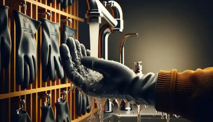 Close-up of heavy-duty rubber gloves from Hitchin being rinsed under a faucet, with others stored neatly on a shelf in a shaded room.