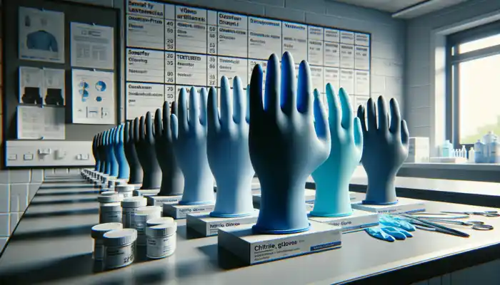 Nitrile Gloves in Chelmsford: Close-up of blue powder-free and black textured nitrile gloves arranged neatly in a Chelmsford lab on a sterile surface.
