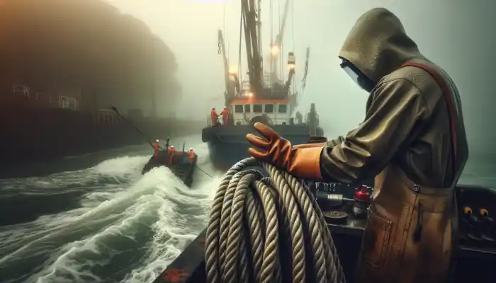 Latex Gauntlet Gloves in Clacton-on-Sea: A worker wearing durable latex gauntlet gloves handles wet ropes on a boat in misty Clacton-on-Sea, with industrial tools nearby.