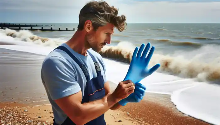 A worker on a sandy beach in Clacton-on-Sea examines blue latex gloves for proper fit and allergies amid crashing waves.