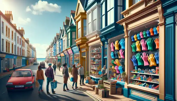 Bustling Clacton-on-Sea high street under a bright sky, with colorful B&Q and Screwfix shops displaying latex gloves and shoppers browsing tools.