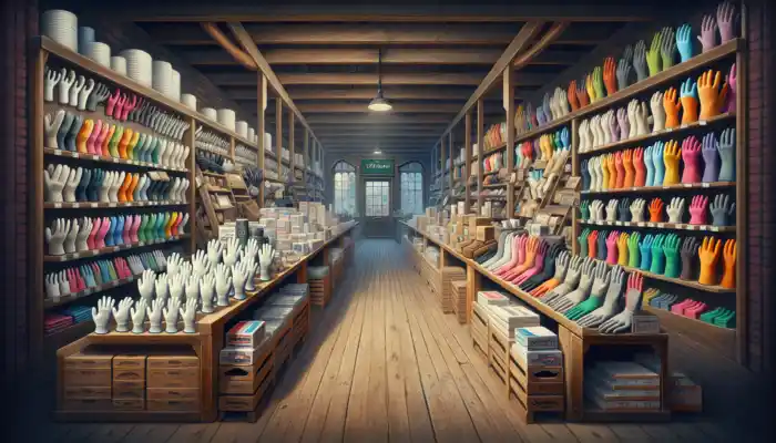 Cotton Gloves in Colchester: Assorted cotton gloves displayed in a Colchester hardware store: lightweight for everyday tasks, reinforced for gardening, and thick padded for industrial use on wooden shelves.