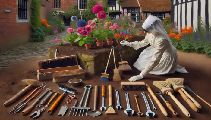 A gardener in Colchester wears white cotton gloves while planting flowers and weeding, with cleaning tools and industrial parts nearby.