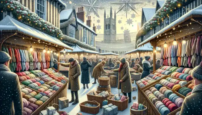 Colchester winter market: colorful cotton gloves on wooden stalls, shoppers browsing amid snowflakes and twinkling lights, advertising January and Black Friday sales.