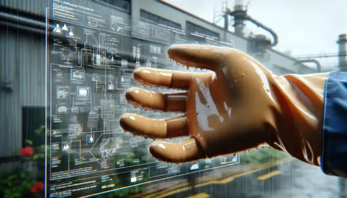 Latex Gauntlet Gloves in Wokingham: Close-up of shiny, elastic natural latex gauntlet gloves on a hand in a rainy UK industrial setting, emphasizing chemical resistance and snug fit.