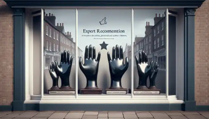 Bustling shop window in Wokingham displaying shiny black latex gauntlet gloves on stands with expert recommendation signs under an overcast sky.