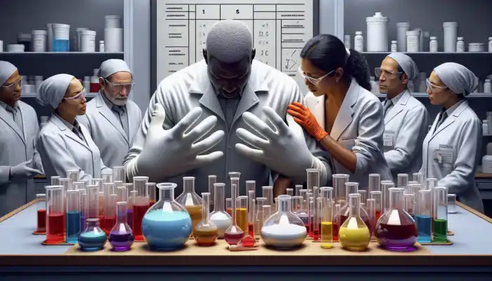 A laboratory worker trying on oversized latex gloves that slip off, exposing hands to chemicals, as a clerk examines glove thickness.