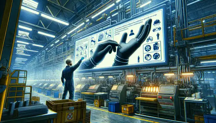 Why Glove Fit Matters for Safety and Comfort: A worker in a UK factory selects and fits safety gloves per EN 420, surrounded by machinery, tools, and safety signs under bright lights.