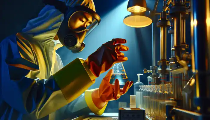 Worker in chemical lab wears slipping gloves while handling toxic liquids, exposing skin to spills, with dramatic lighting and tense expressions.