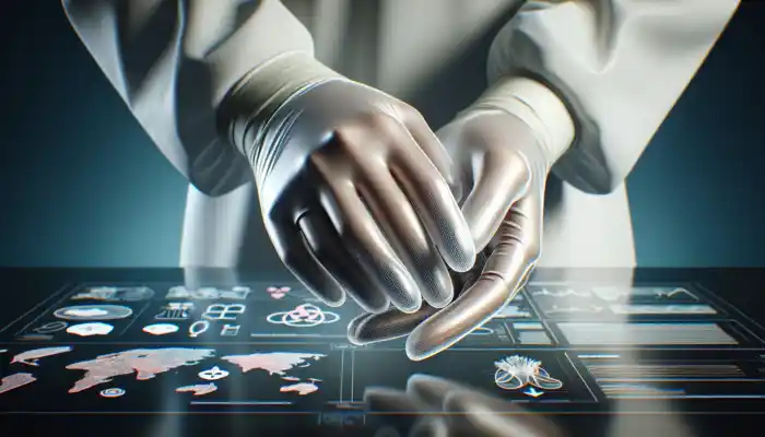 Disposable Vinyl Gloves in Rayleigh: Close-up of translucent, latex-free vinyl gloves on a healthcare worker's hands in a sterile environment, showing flexible protection for food handling and cleaning.