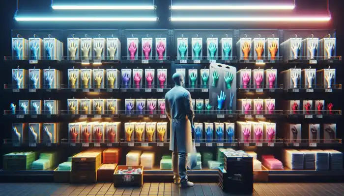 A shopper in a bustling Rayleigh market examines disposable gloves, comparing latex, nitrile, and vinyl options on a shelf.