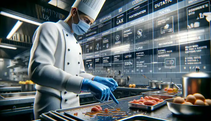 What Makes a Glove Food Safe for Food Contact: A chef in a bustling UK kitchen wears blue nitrile gloves while handling greasy ingredients, with latex and vinyl gloves nearby for safety.