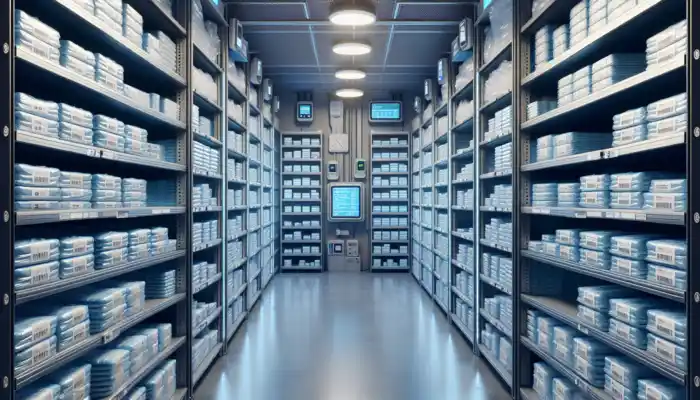 Organized shelves of sealed blue food safety gloves in original packaging, labeled with expiry dates, in a cool, monitored environment.