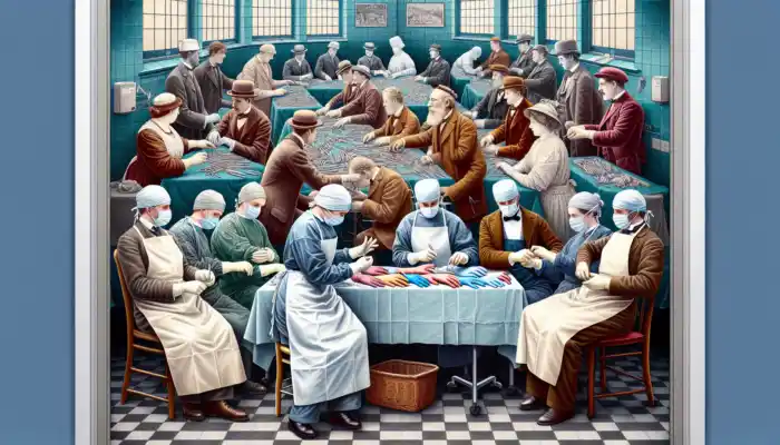 Evolution of UK medical gloves: early 20th-century rubber gloves in surgery to modern NHS sterile latex, showing material and infection control advancements.