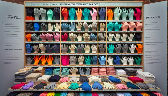 Cotton Gloves Supplier in Newbury: A vibrant shop display in Newbury, UK, showcases various cotton gloves: standard, jersey, coated, knit, medical, industrial, gardening, and dusting types.