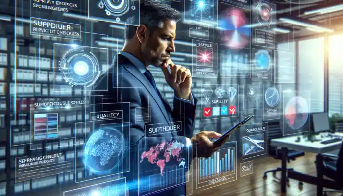 Business executive in a modern office reviews supplier options on a digital screen, surrounded by charts, product samples, and checklists.