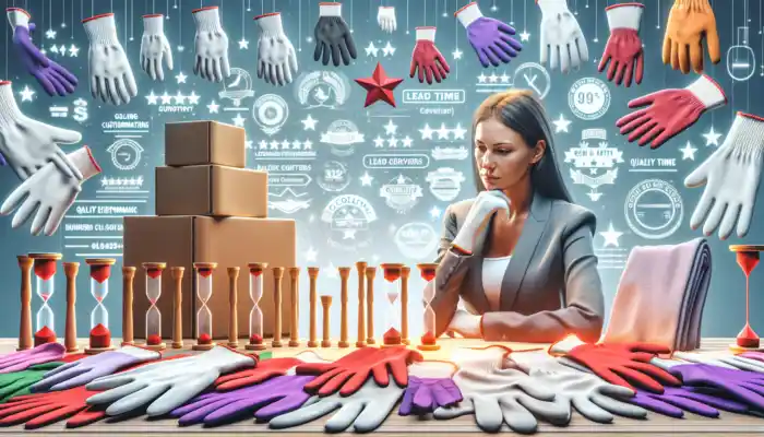 A focused buyer in a bustling Newbury office examines cotton glove samples, lead time charts, quality badges, and customer reviews.