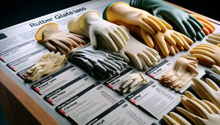 Rubber Gloves in Peterborough: A close-up of rubber gloves on a workbench: natural latex for delicate tasks, durable nitrile for industry, and vinyl for kitchens.