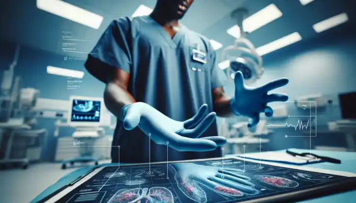 Nitrile Chemical and Puncture Resistance vs Other Gloves: A healthcare worker in a modern UK hospital wears blue nitrile gloves while handling hazardous chemicals under sterile lighting.