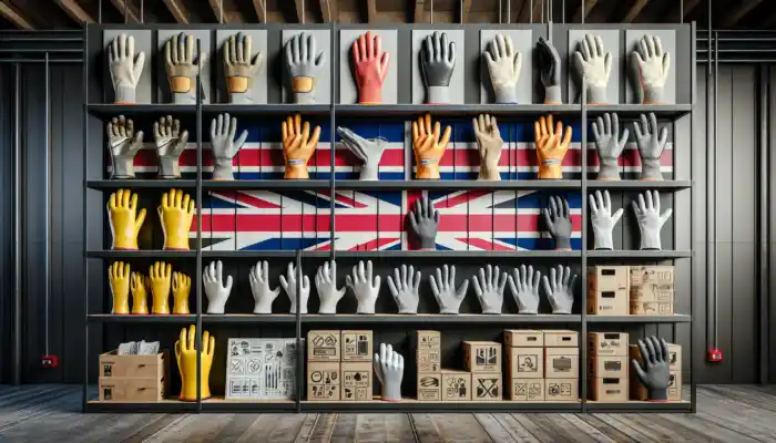 Various protective gloves on shelves in a UK warehouse: leather, latex, rubber, and insulated types with Union Jack flags.