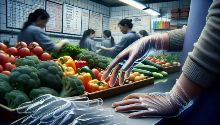 A British food worker in a busy kitchen wears transparent polyethylene gloves to handle produce, with nitrile gloves nearby.