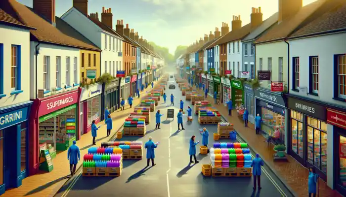 Nitrile Gloves in Worthing: A bustling Worthing high street with vibrant supermarket and pharmacy fronts, stocked with colorful nitrile gloves; shoppers browsing for quality deals under a sunny sky.