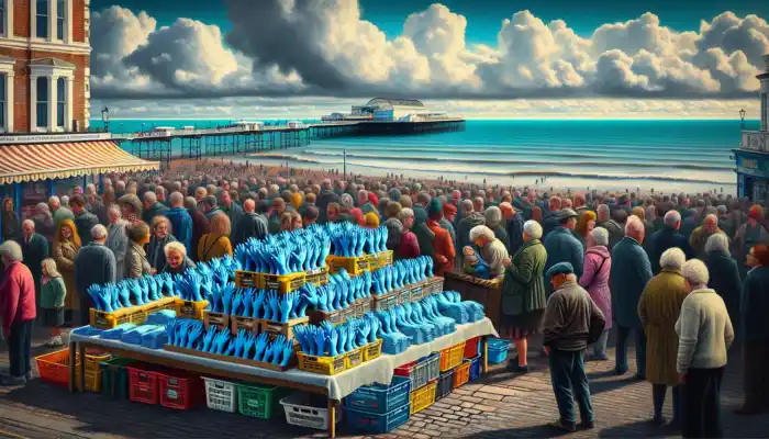 Bustling market stall in Worthing displaying stacks of blue nitrile gloves amid shoppers, with seaside pier and waves under a cloudy sky.