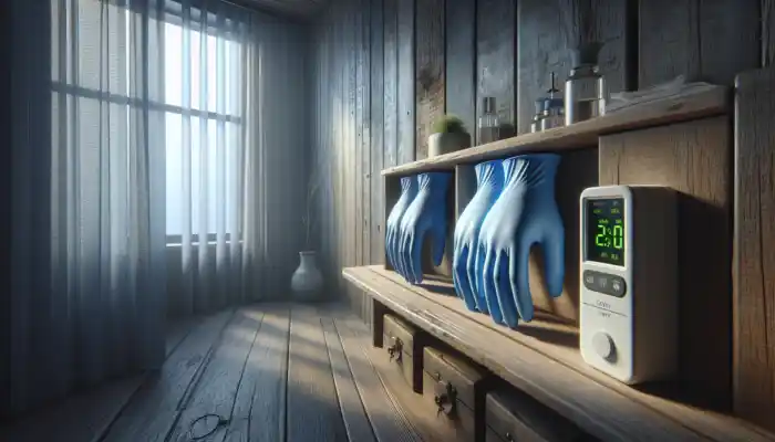 Blue nitrile gloves on a wooden shelf in a cool, dry Worthing room, away from sunlight, with a nearby humidity monitor.