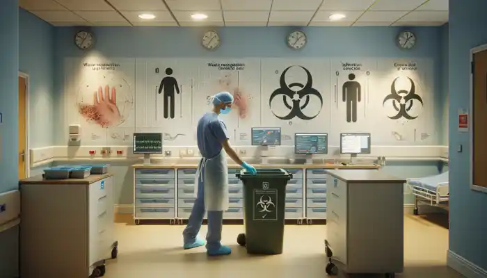 Disposing of Used Gloves in Healthcare Settings: A focused healthcare worker in a sterile UK hospital room disposes used gloves into a color-coded biohazard bin, with posters on waste segregation and infection prevention displayed.