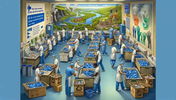 UK hospital workers sorting blue gloves into recycling bins and incinerators, with government posters on waste management, against polluted rivers and green hills.
