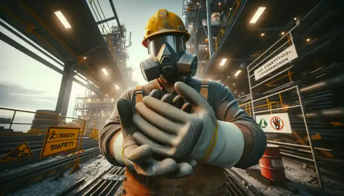 Reusable Heavy-Duty vs Single-Use Gloves: Worker holding rugged reusable heavy-duty gloves made from nitrile and PVC on a busy British construction site with safety signs.
