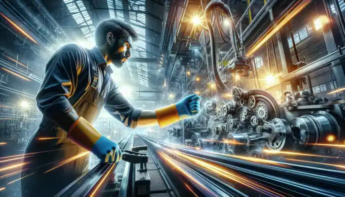 A worker in a UK factory wearing HSE EN 420 certified protective gloves, handling machinery safely under bright lights.