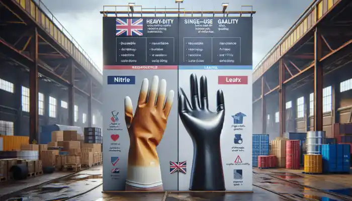 Illustration comparing durable reusable nitrile, rubber, and leather gloves in a UK industrial setting resisting hazards to fragile single-use latex and vinyl gloves.