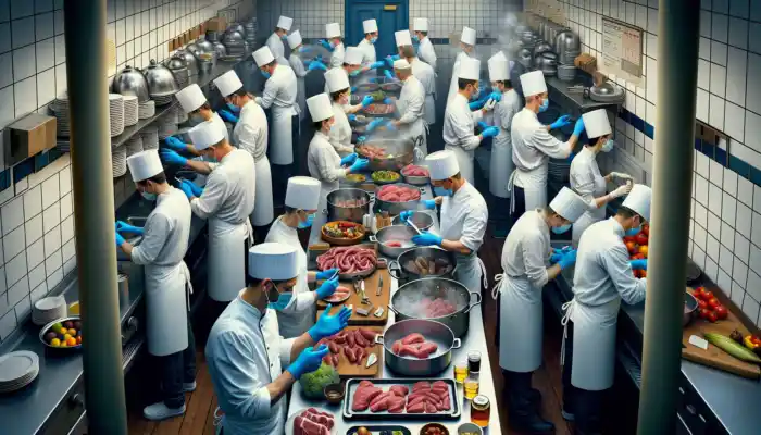 Nitrile Gloves for Food Handling: Chefs in a bustling London kitchen wear disposable blue, powder-free, and reusable nitrile gloves while handling food and maintaining hygiene.