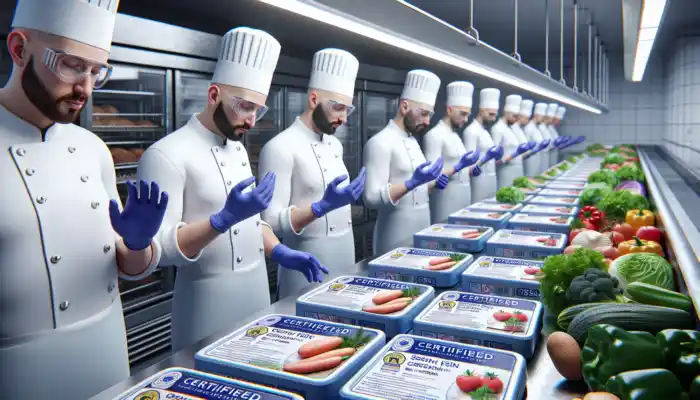 Chefs in a spotless UK kitchen handle fresh produce with FSA-certified blue nitrile gloves, emphasizing food safety.