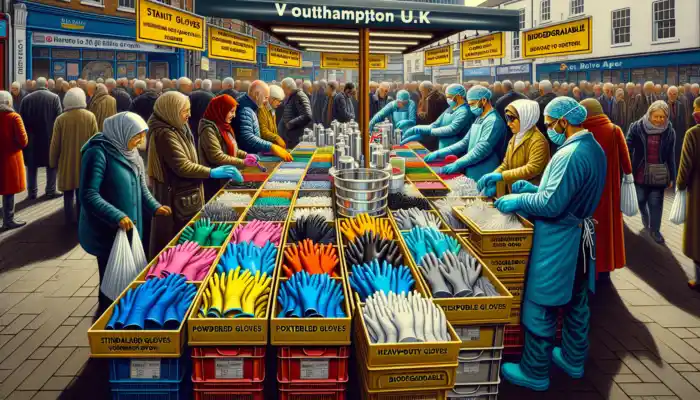 Vinyl Gloves in Southampton: A vibrant Southampton market stall displays assorted vinyl gloves: standard, powdered, textured, heavy-duty, and biodegradable, with diverse users examining them.