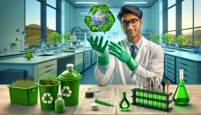 A scientist in a modern lab examines biodegradable and recyclable vinyl gloves, with petroleum-based ones in the background, surrounded by recycling bins and green plants.