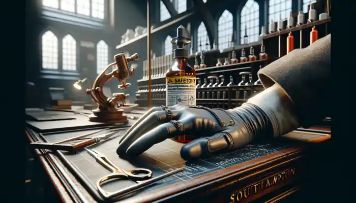 In Southampton, a gloved hand tests the fit of durable PVC vinyl gloves on a workbench under natural light.
