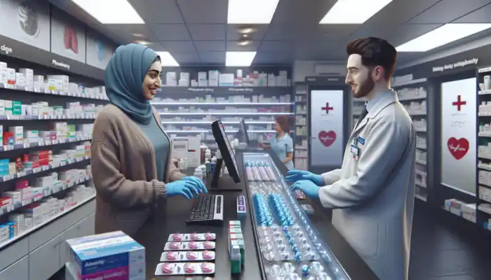 Vinyl Gloves in Ashford: A smiling customer orders blue vinyl gloves from a clerk in a bustling Ashford pharmacy, surrounded by stacked medical supplies under bright lights.