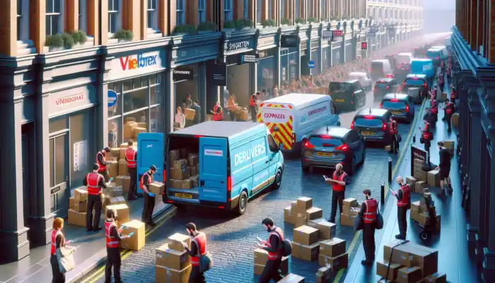 A bustling Ashford street in the UK, with delivery vans unloading packages and couriers handling shipments, as people check tracking apps on smartphones.