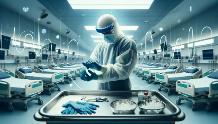 When Should Healthcare Staff Change Gloves in Care: A healthcare worker in an NHS ward changes gloves in full PPE, surrounded by charts showing declining Clostridium difficile infection rates.