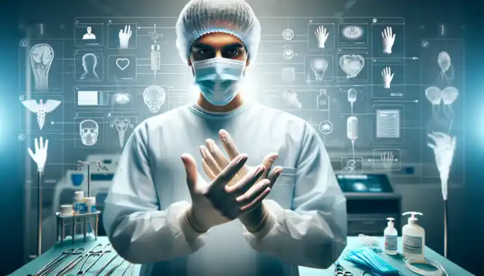 A healthcare professional demonstrates glove-changing in a sterile hospital, removing contaminated gloves and donning fresh ones, with medical tools and masks in the background.