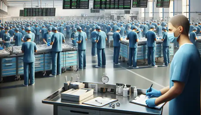 UK hospital ward: Workers in blue scrubs change gloves during patient care; supervisor audits compliance on clipboard.