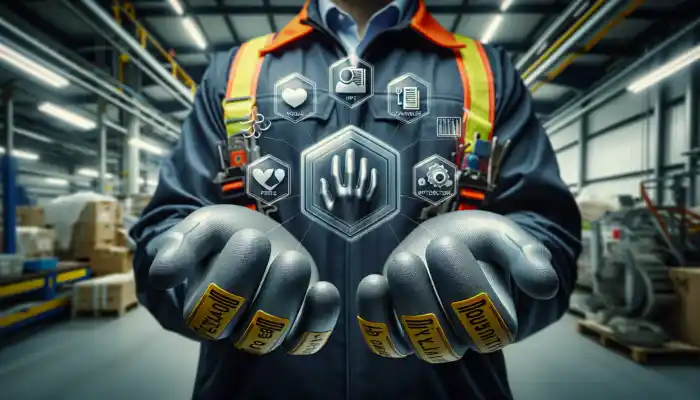 Polythene Gauntlet Gloves in Havant: Close-up of tear-resistant HDPE polythene gauntlet gloves on a worker's hands in a busy UK industrial setting, emphasizing safety.